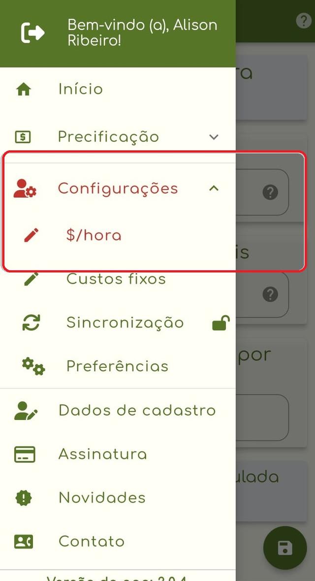 tela menu botão de cadastro valor por hora