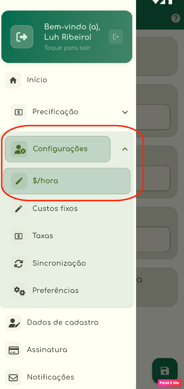 tela menu botão de cadastro valor por hora