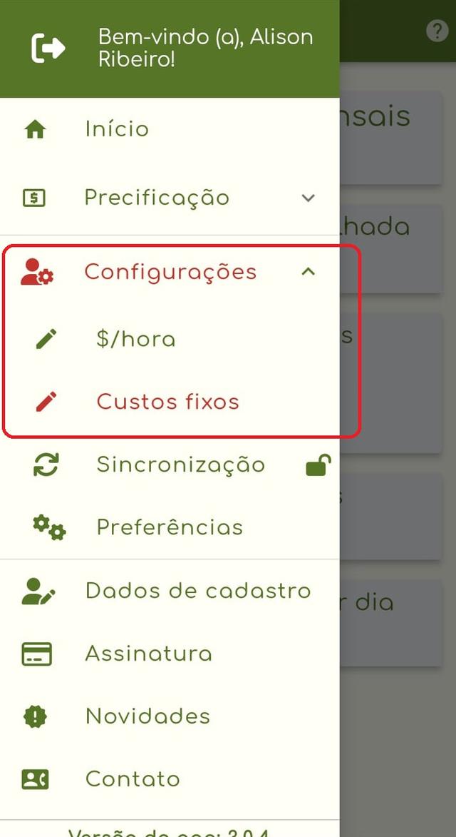 tela de menu botão de custo fixo