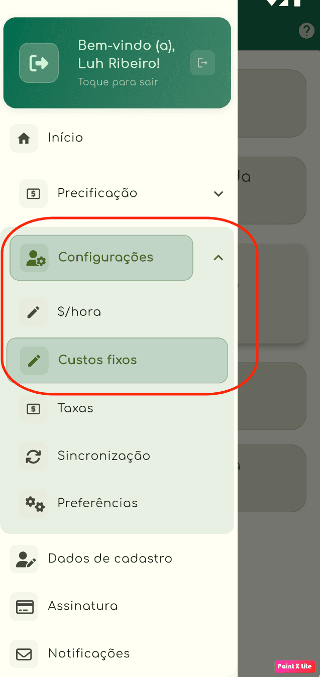 tela de menu botão de custo fixo