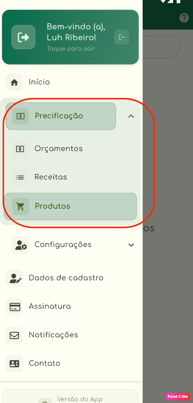 Botão de cadastro de produtos no menu