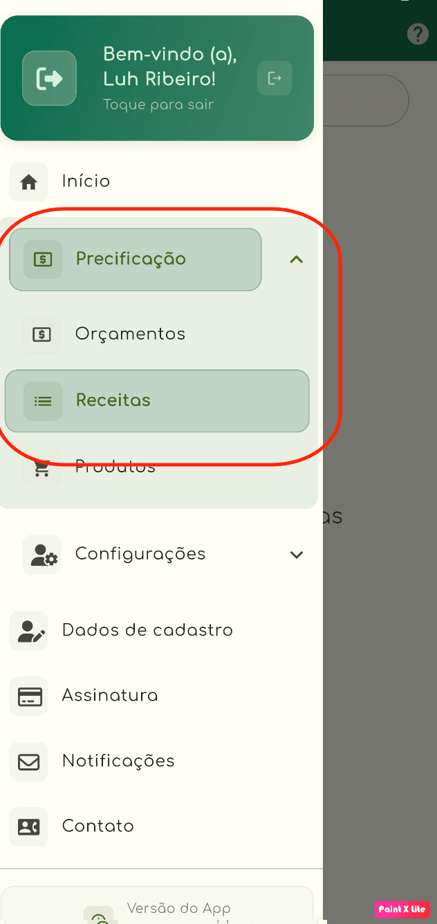 Botão de cadastro de receitas no menu