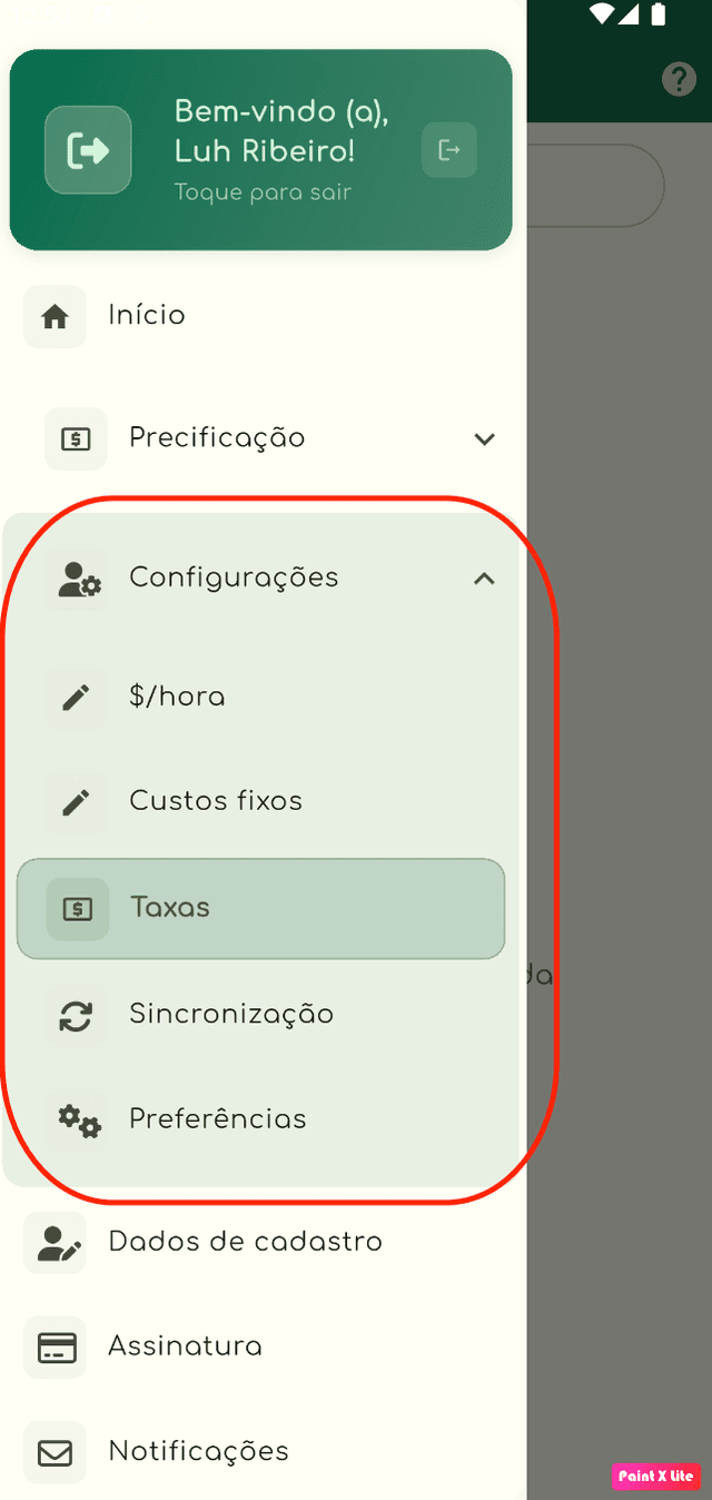 Ilustração do botão taxas no menu