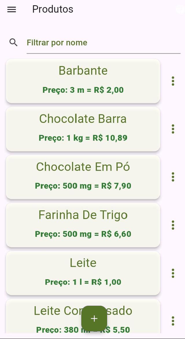Lista de produtos cadastrados