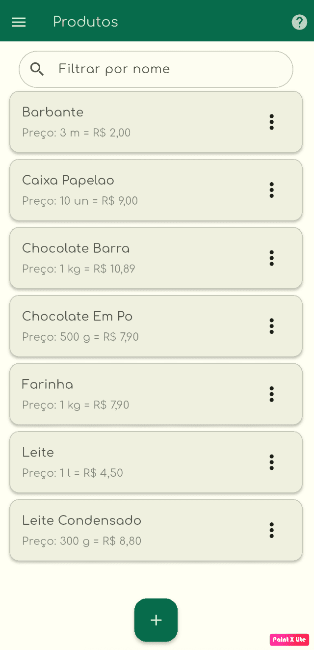Lista de produtos cadastrados