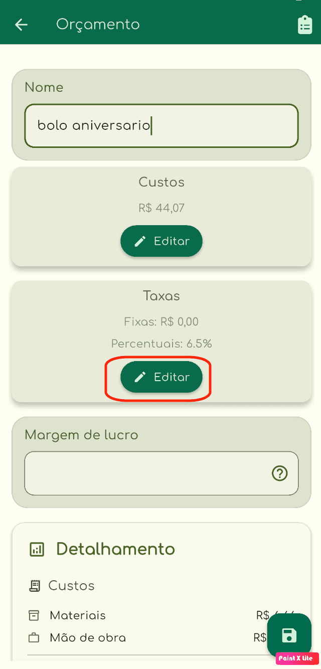 Tela que mostra como editar as taxas do orçamento
