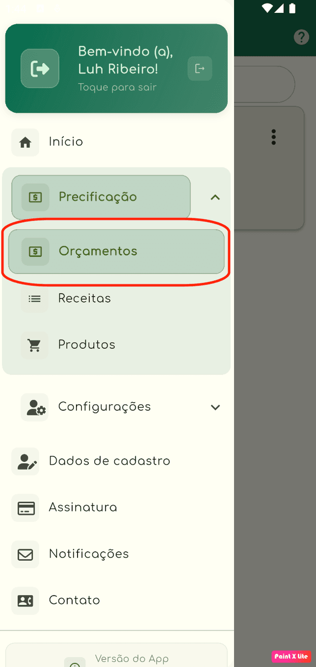 tela de menu botão de custo fixo