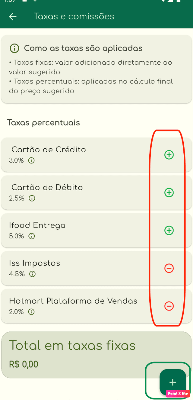 Tela que mostra como selecionar as taxas do orçamento