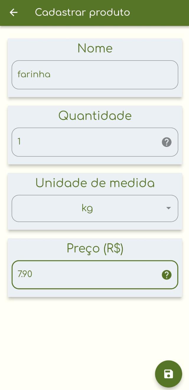 Tela de cadastro de produto