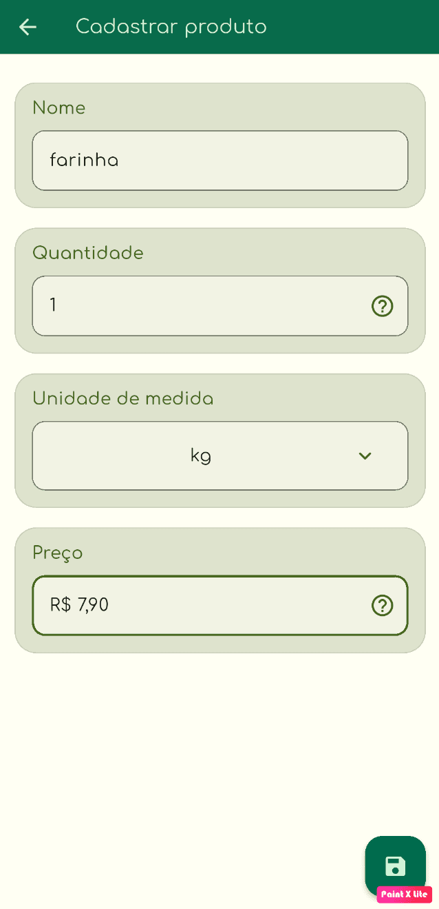 Tela de cadastro de produto