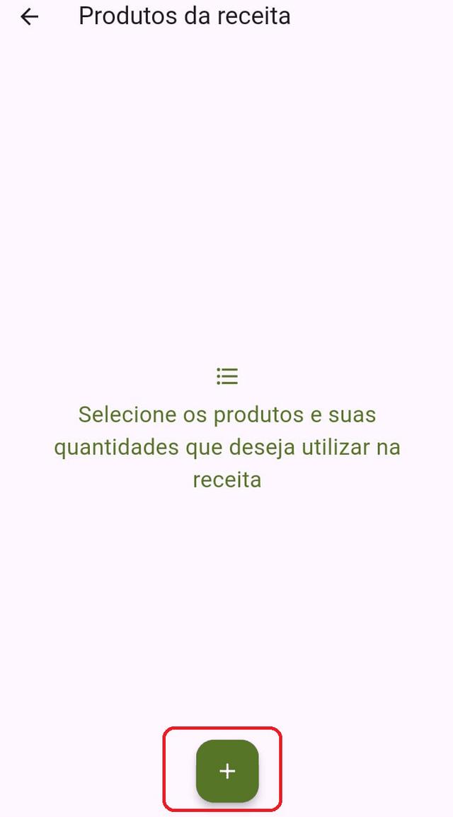 Tela de cadastro de produtos na receita