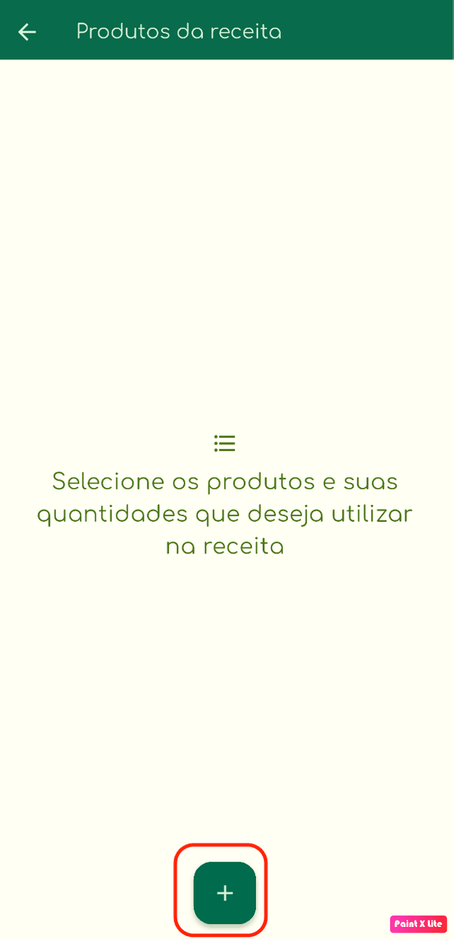 Tela de cadastro de produtos na receita