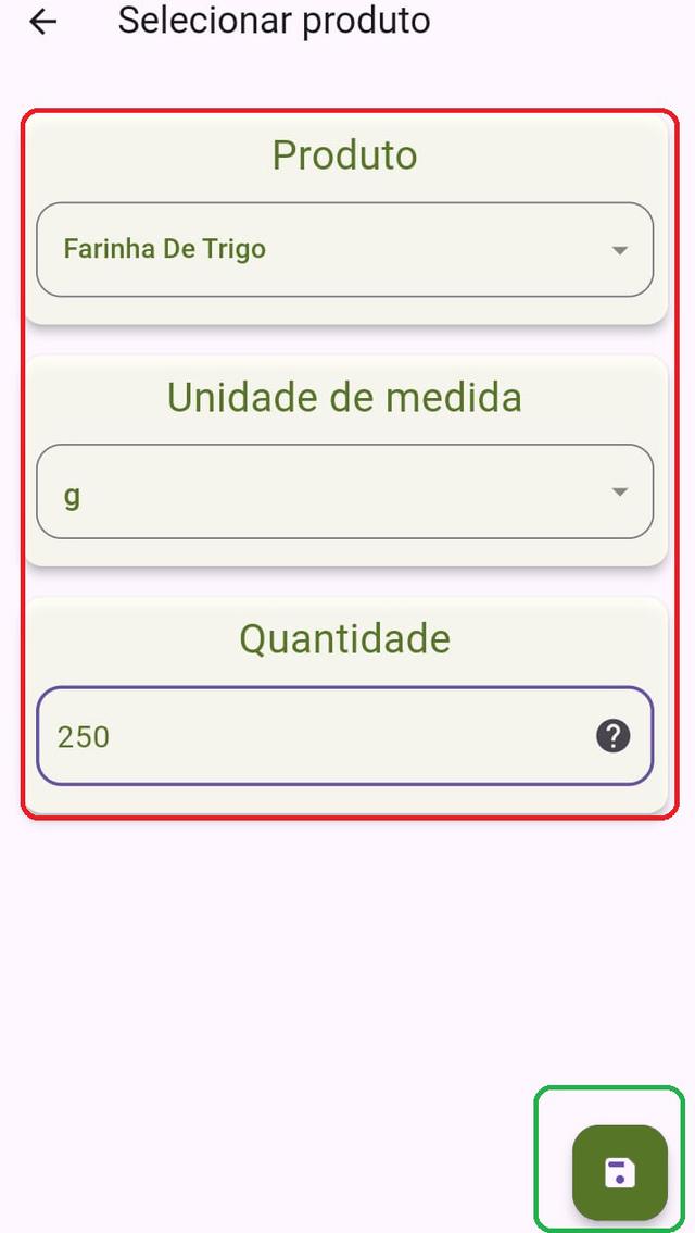 Tela de cadastro de quantidade do produto