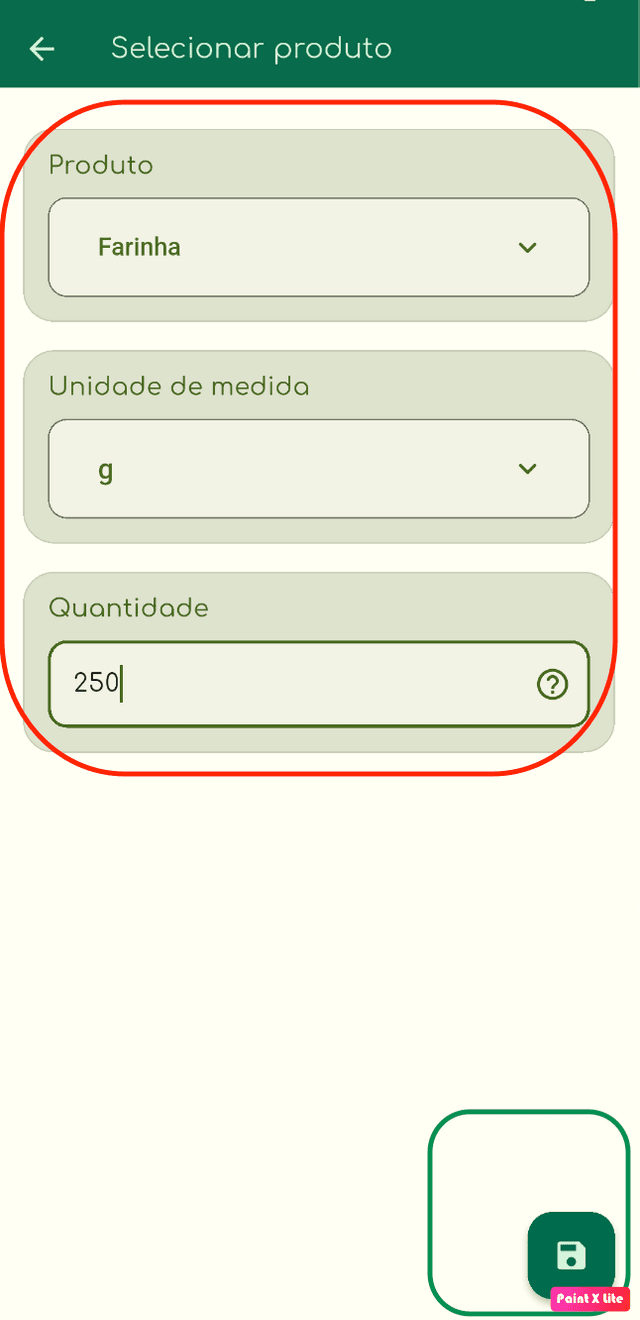 Tela de cadastro de quantidade do produto
