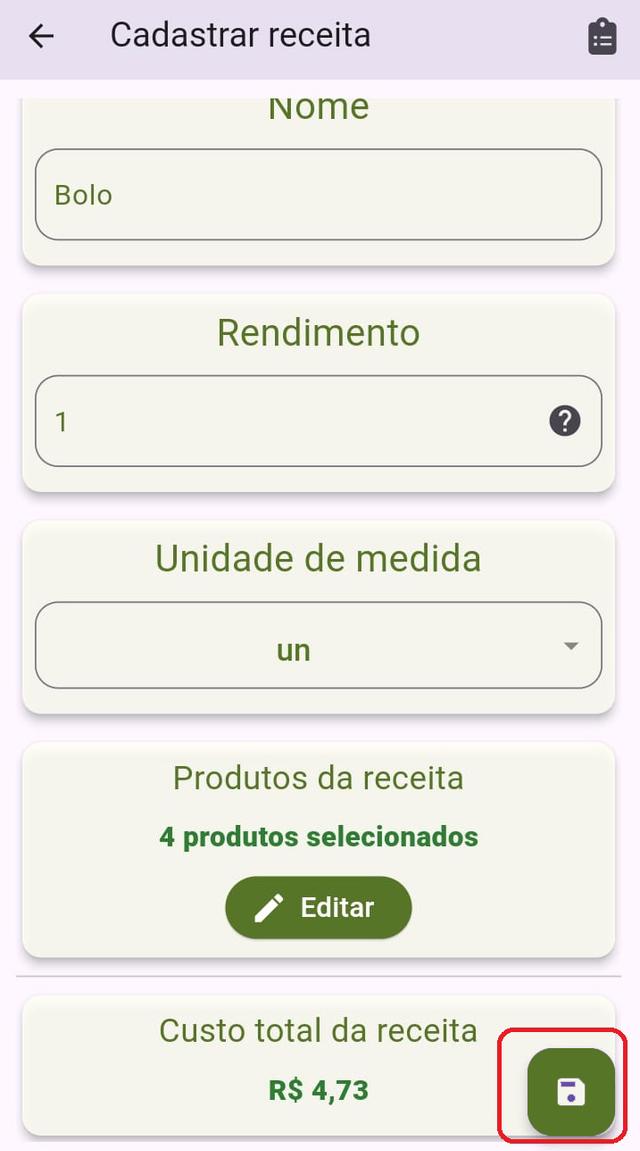 Tela de salvar receita