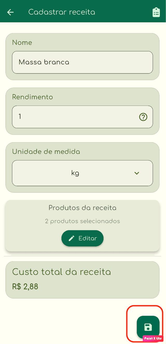 Tela de salvar receita
