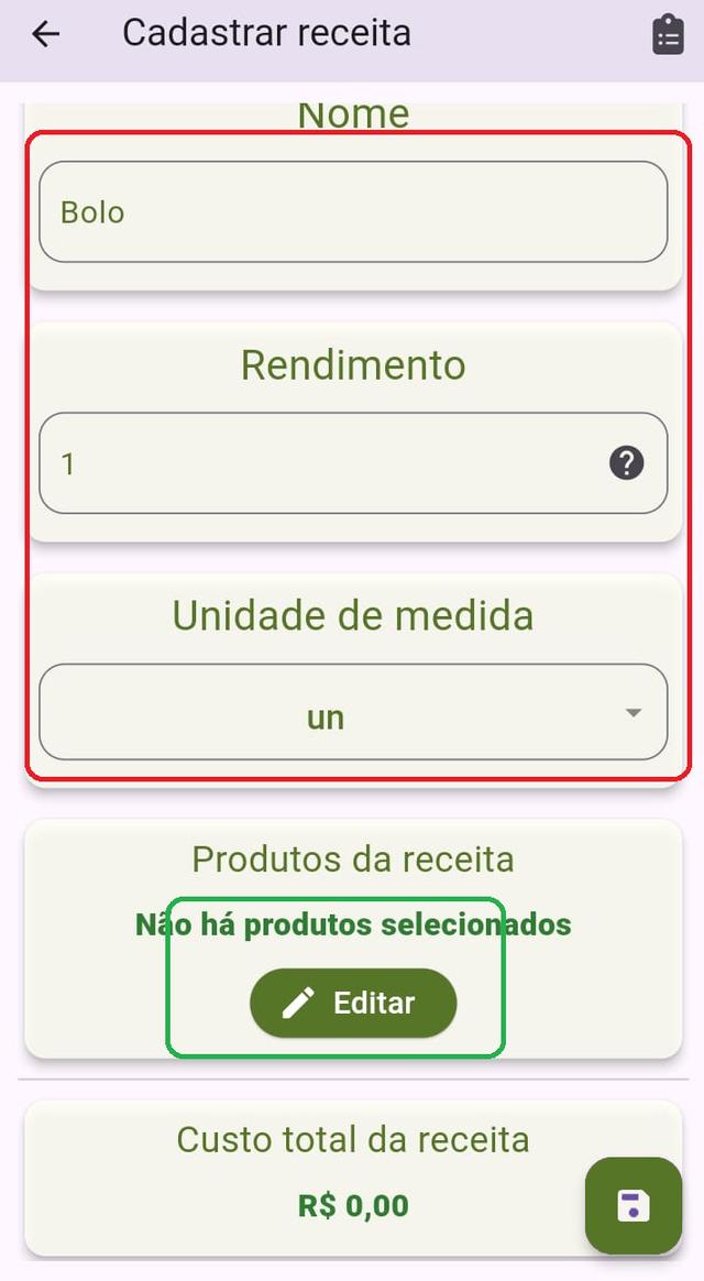 Tela de cadastro de receita