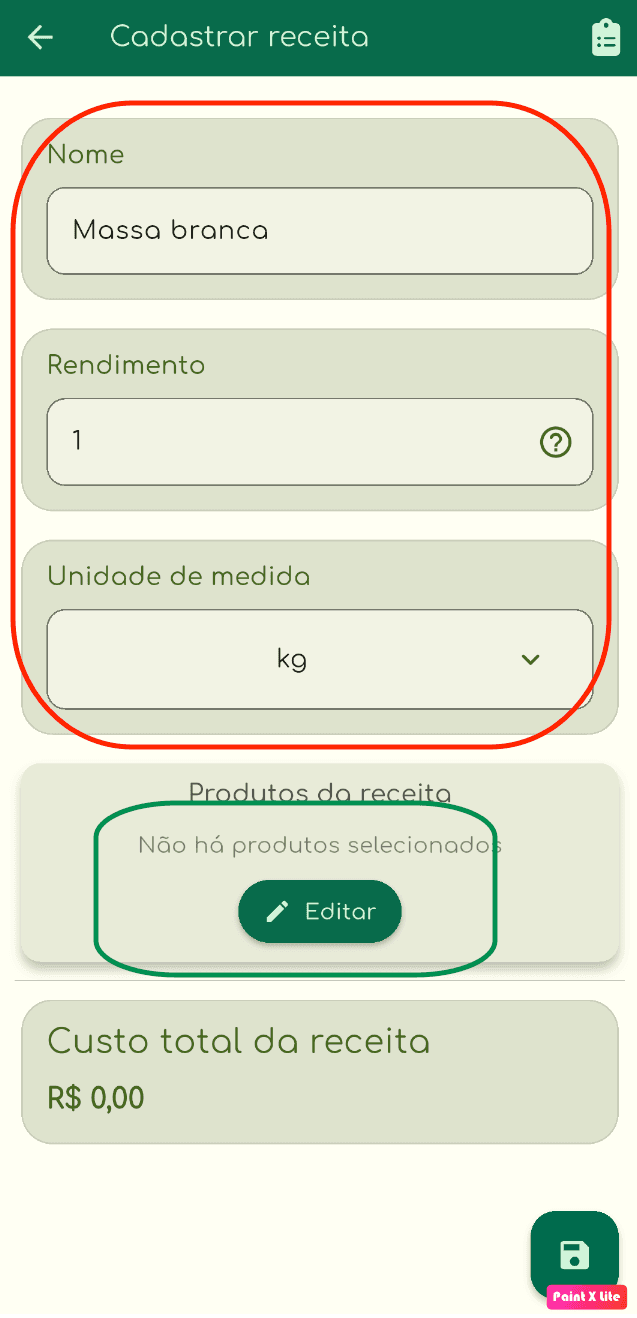 Tela de cadastro de receita