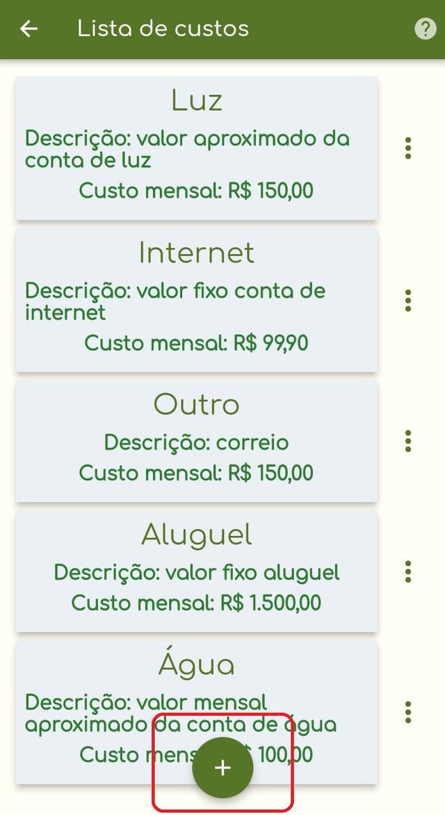 Lista de custos fixos cadastrados