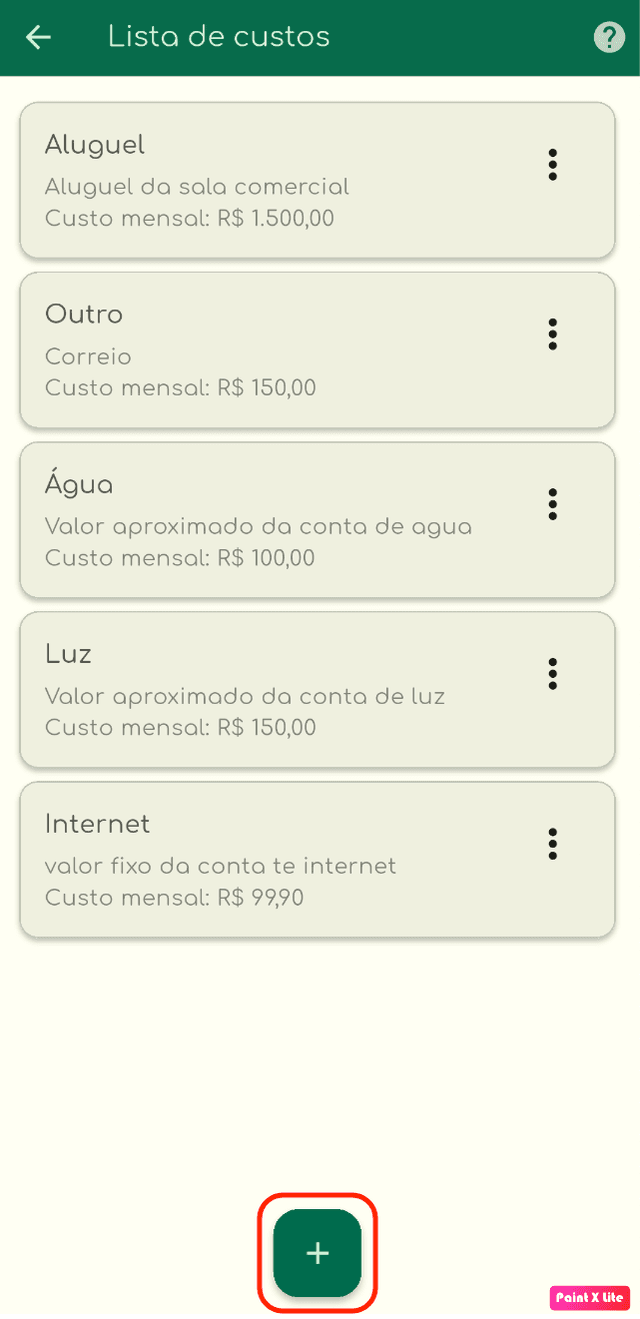 Lista de custos fixos cadastrados