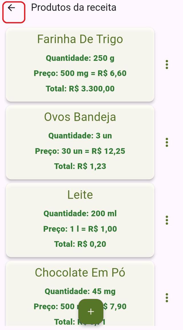 Lista de produtos na receita