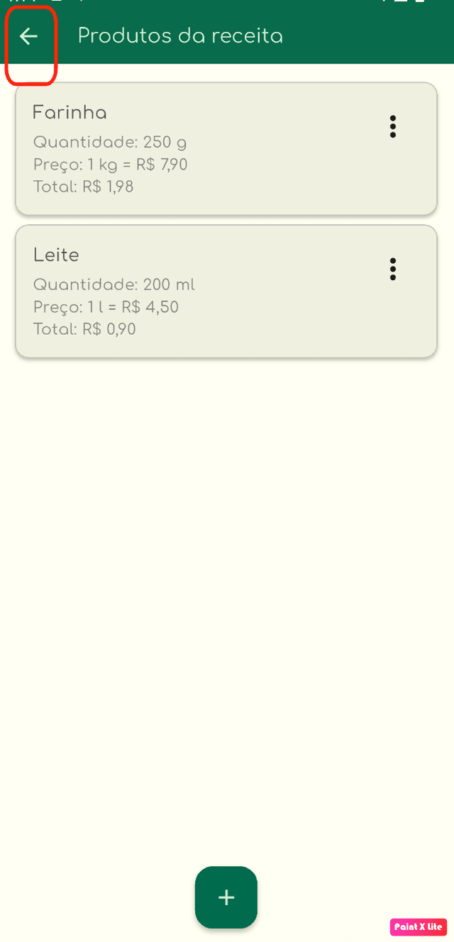 Lista de produtos na receita