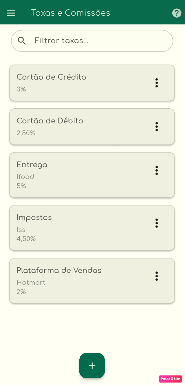 Ilustração da tela de lista de taxas