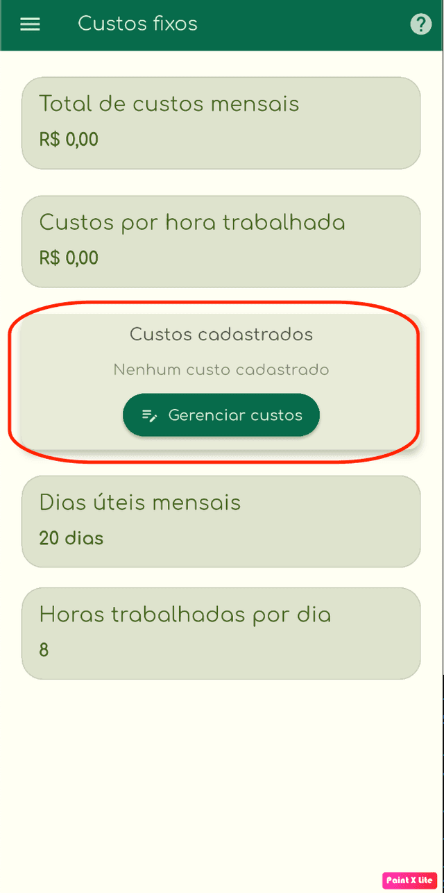 Tela onde mostra o total de custos fixos e o valor do custo da hora trabalhada