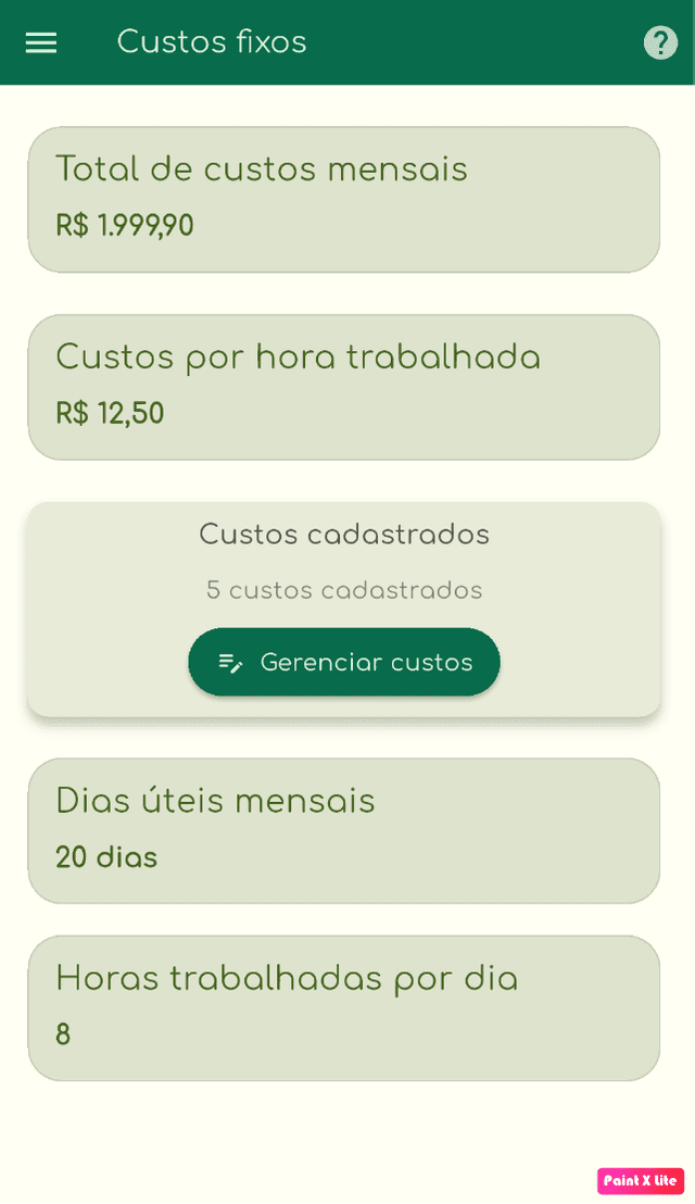 Tela onde mostra o total de custos fixos e o valor do custo da hora trabalhada