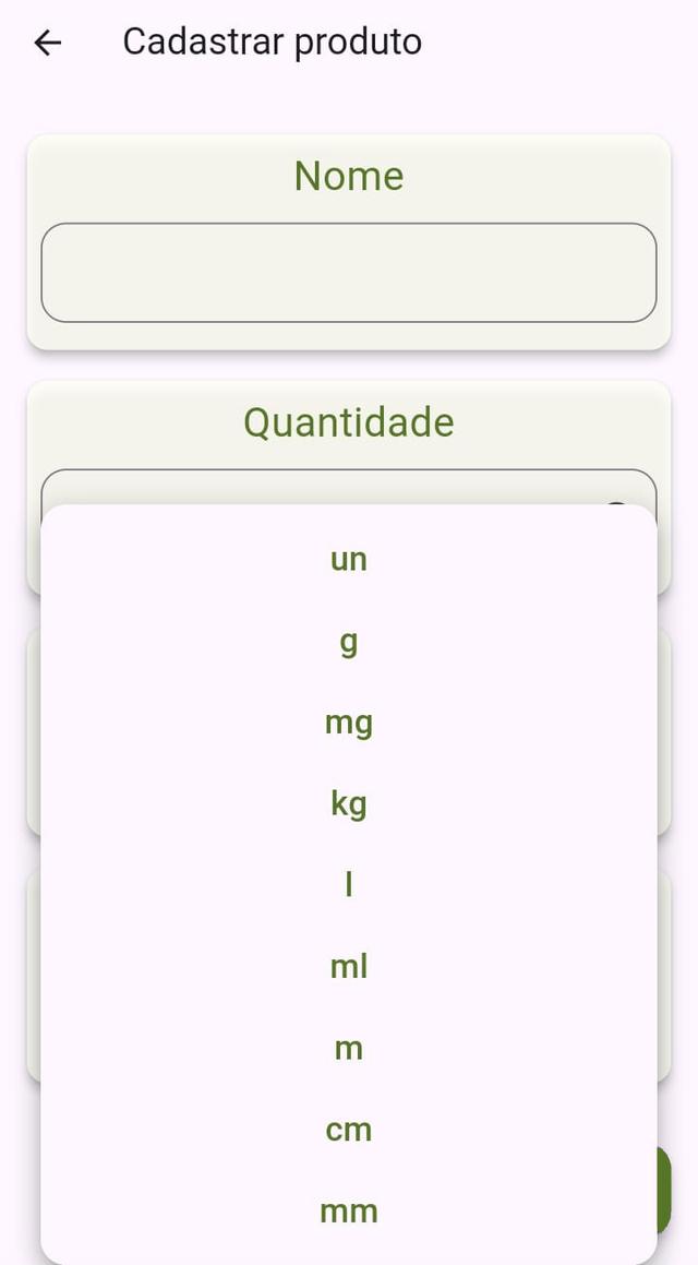 Opções de unidades de medida