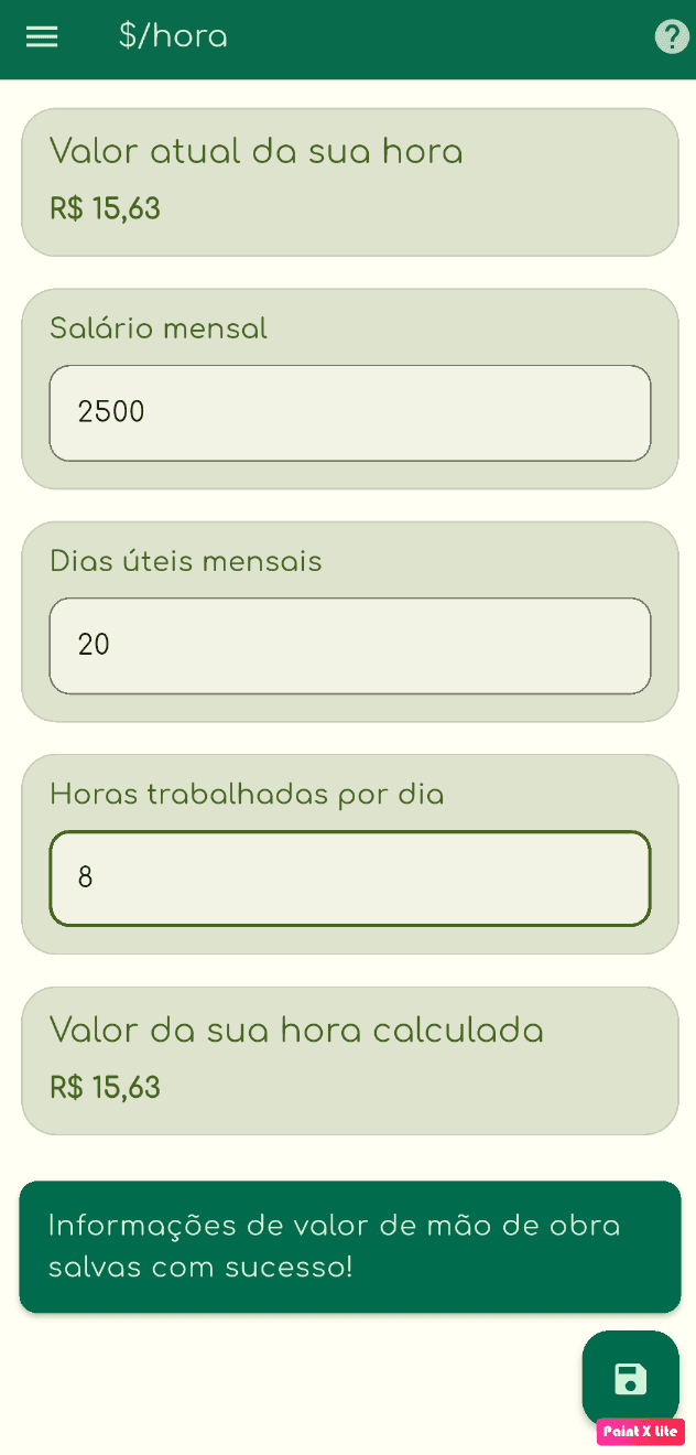 Tela de cadastro do valor da hora trabalhada